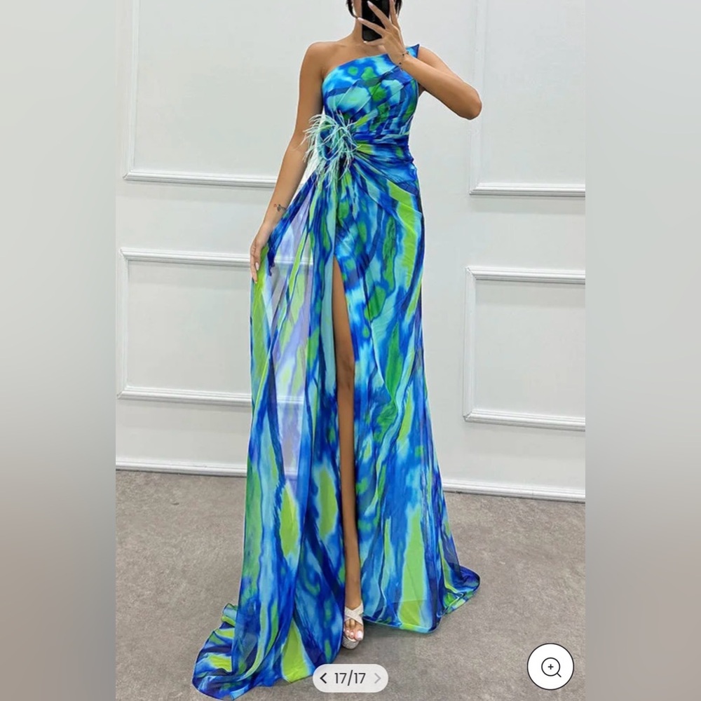 Blue & Green Watercolor Maxi Dress with Front Slit